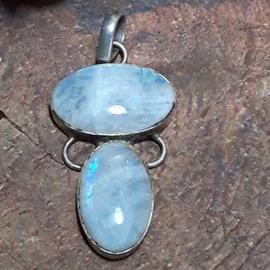 Rainbow 2 Moonstones Sterling Pendant with Black Tube Choker Band